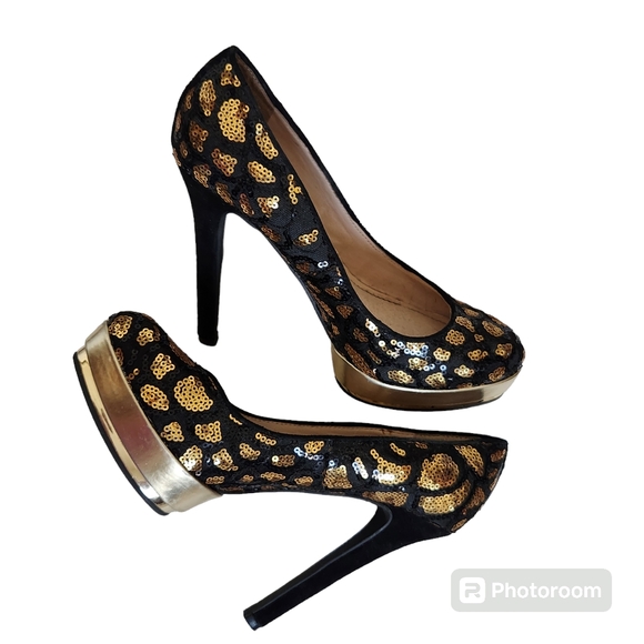 Vince Camuto Black & Gold Sequin Leopard Platform High Heels 6M - Picture 2 of 16